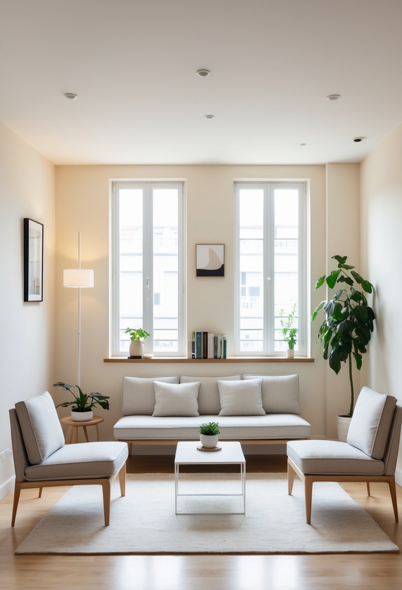 A small living room with slim sofas and chairs arranged around a coffee table, featuring natural light and simple decor.