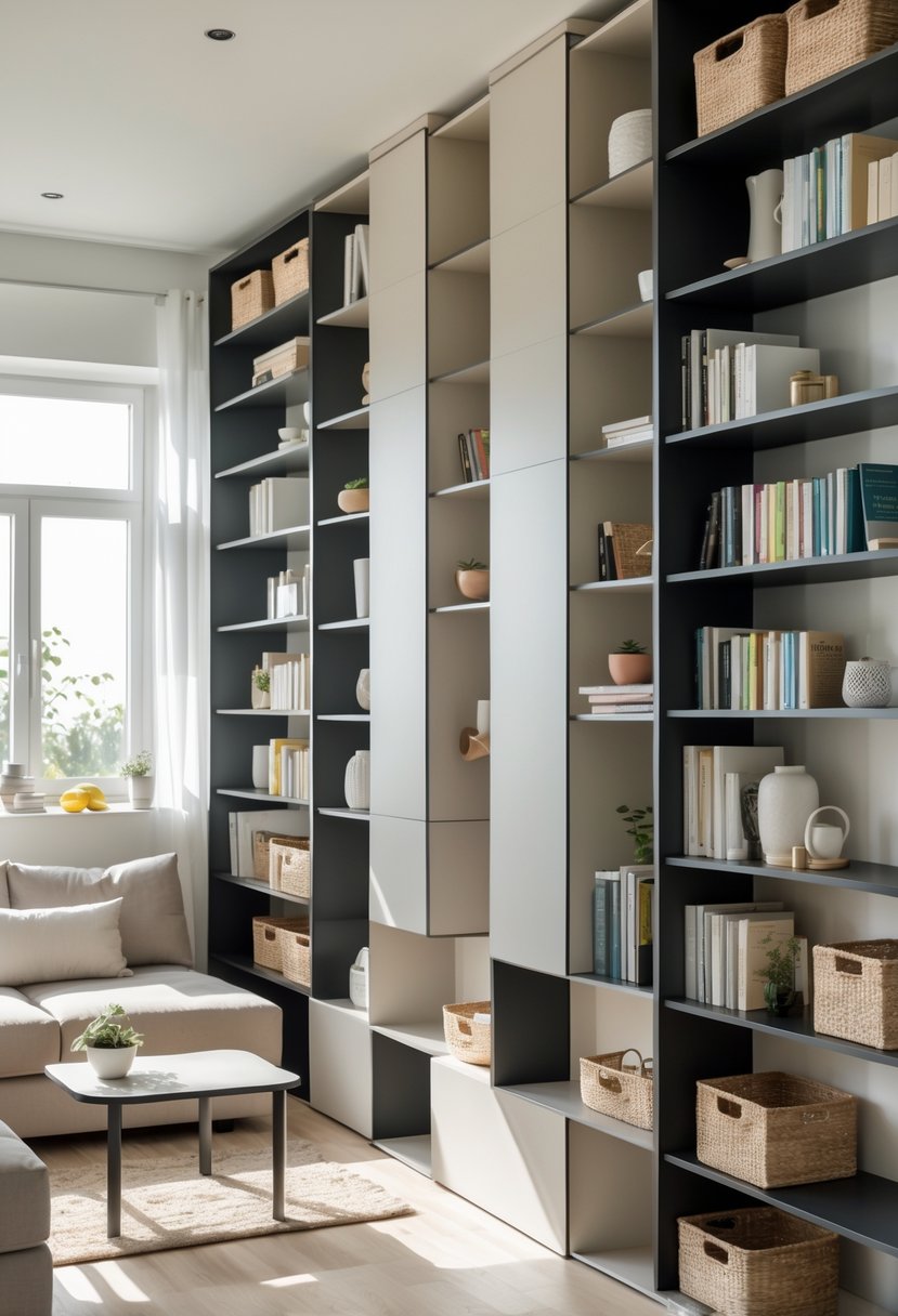 Small living room with tall wall-mounted shelves filled with books and decor, a compact sofa, and a coffee table, showing efficient use of vertical storage to save floor space.