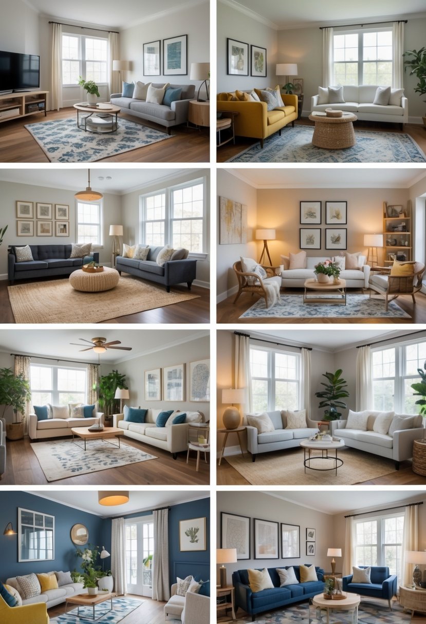 Eight small living rooms arranged to show different ways rugs and furniture create separate zones within each space.