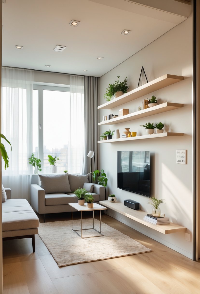 A small living room with floating shelves on the wall, a compact sofa, coffee table, and natural light coming through a window.