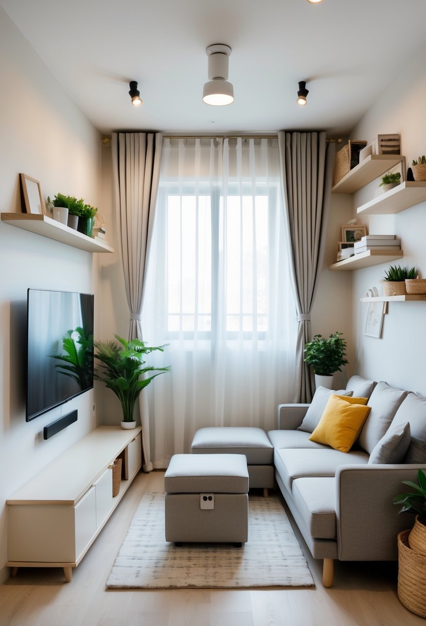 A small living room with a compact sofa, wall-mounted TV, floating shelves, foldable coffee table, and plants, arranged to maximize space.