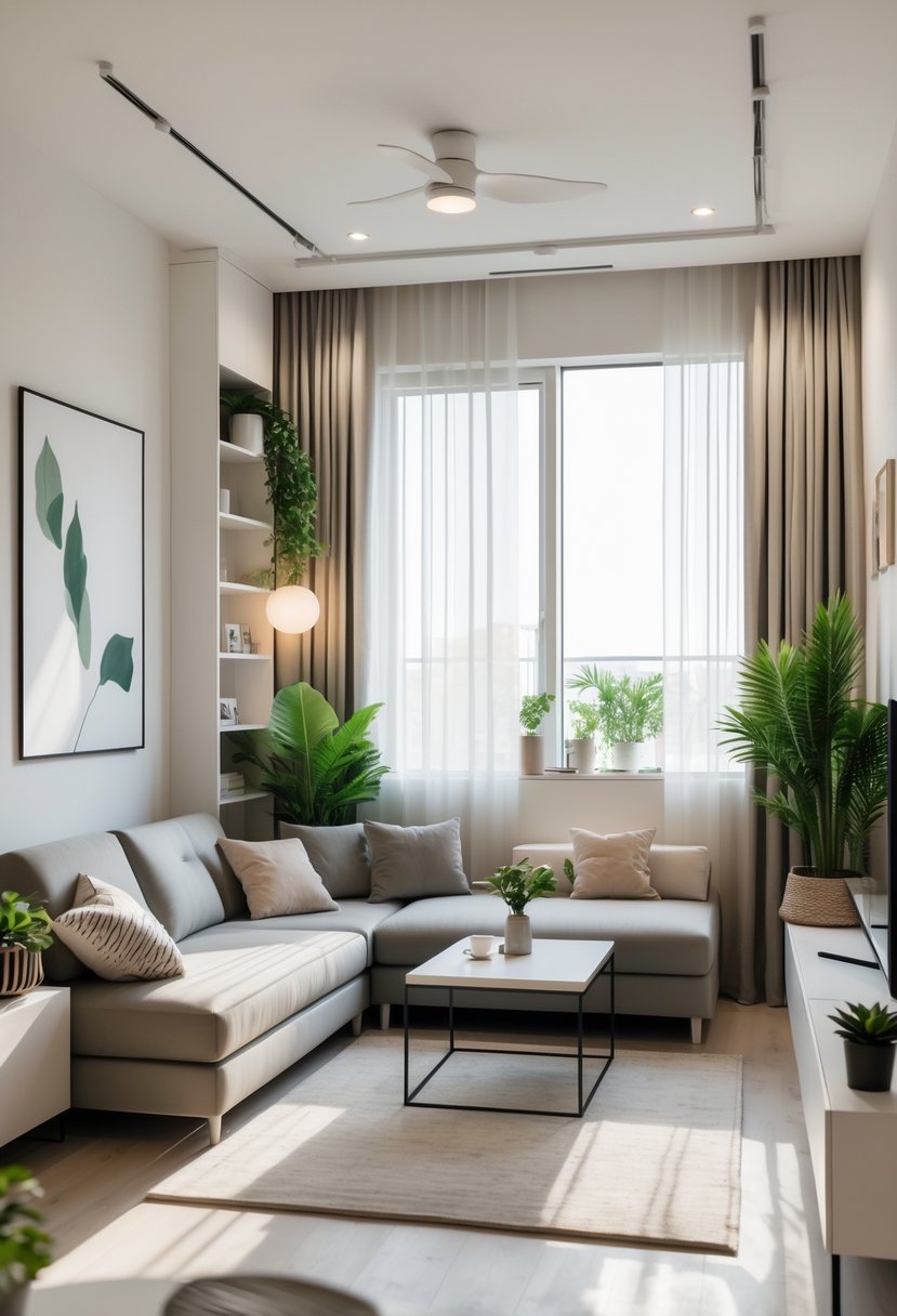 A bright and cozy living room with a sofa, coffee table, plants, and windows letting in natural light.
