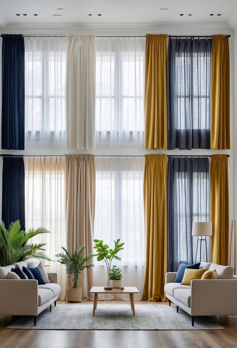 A living room with large windows displaying seven different curtain styles side by side, with sofas, a coffee table, and plants.