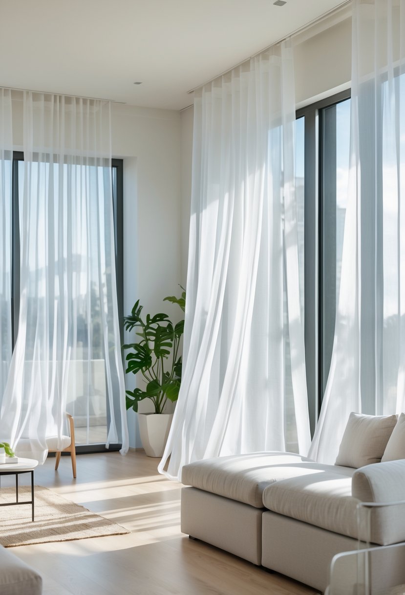 A bright living room with seven sheer white curtains softly flowing in the breeze, illuminated by natural sunlight through large windows.