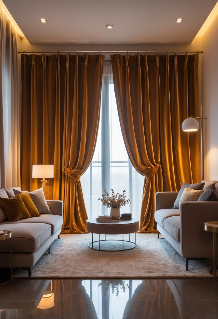 A living room with seven velvet curtains hanging around large windows, a sofa, and a coffee table.