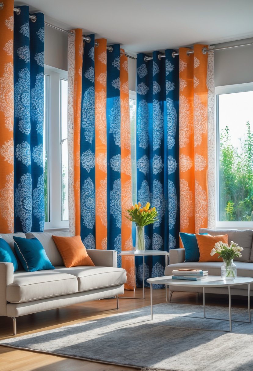 A living room with large windows covered by bold patterned curtains, a sofa, coffee table, and natural light filling the space.