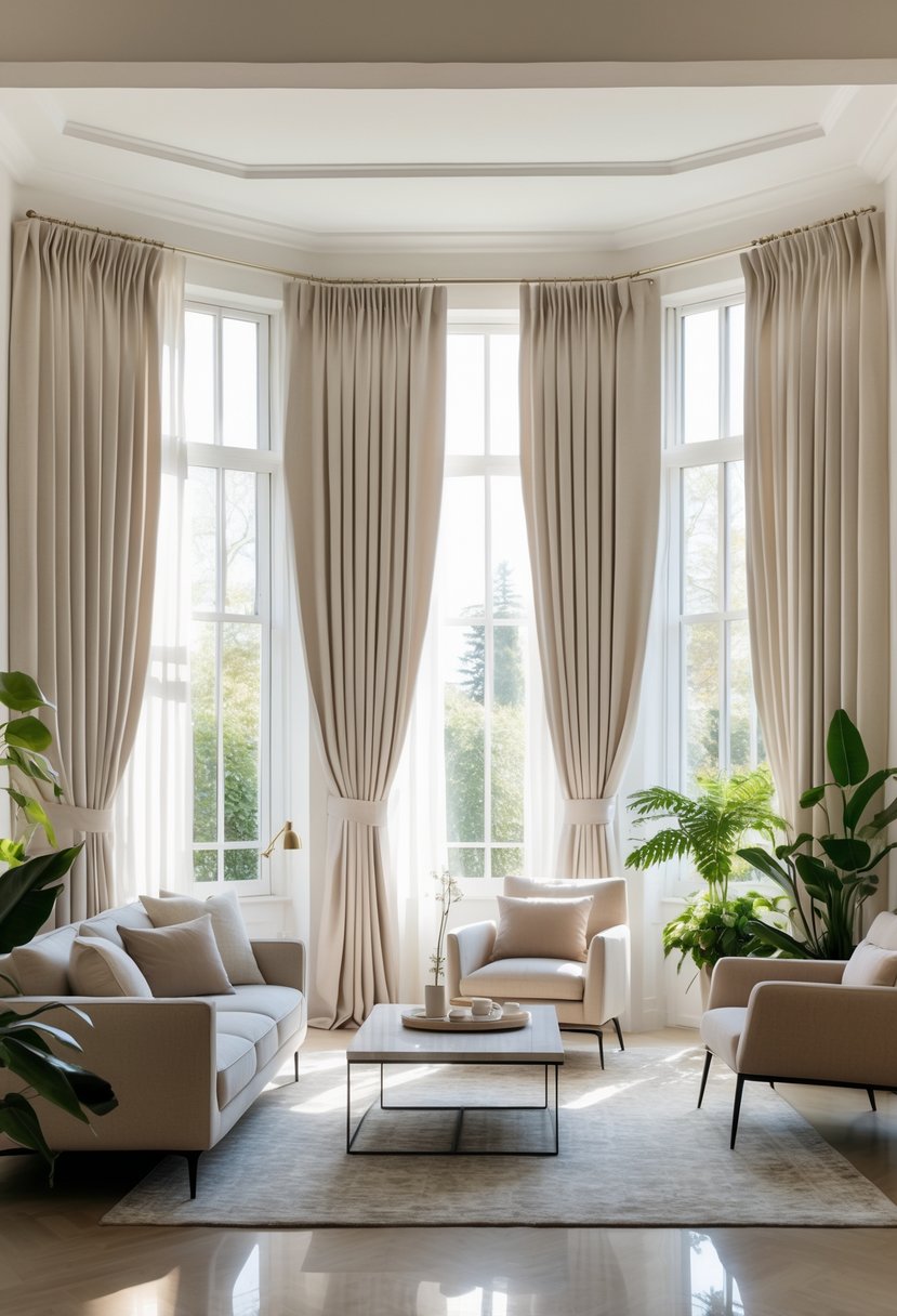Living room with seven windows featuring neatly pleated curtains, modern furniture, and natural light filtering through the curtains.