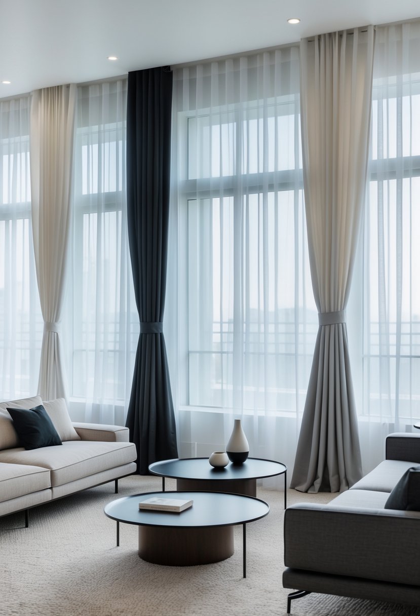 Living room with seven layered curtains made of sheer and blackout fabrics covering large windows, with a sofa and coffee table nearby.