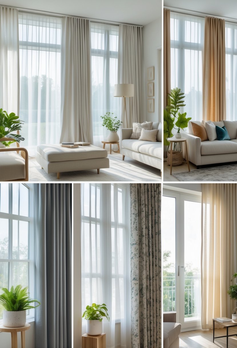 A living room with seven windows, each featuring a different type of curtain, with a sofa and coffee table in the center.
