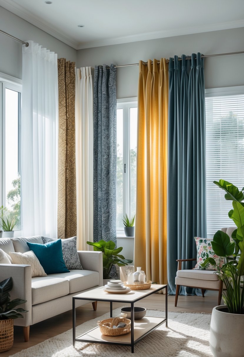 A living room with seven different curtains hanging on large windows, showing various fabrics and patterns, with a sofa, coffee table, rug, and plants.