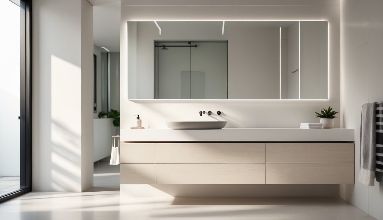 A modern bathroom with a floating vanity, a large mirror, and minimalist decor.