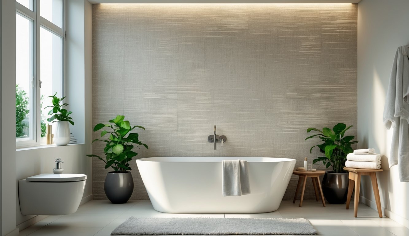 A modern bathroom with a white bathtub in front of a textured wallpaper accent wall, natural light, plants, and minimalist decor.