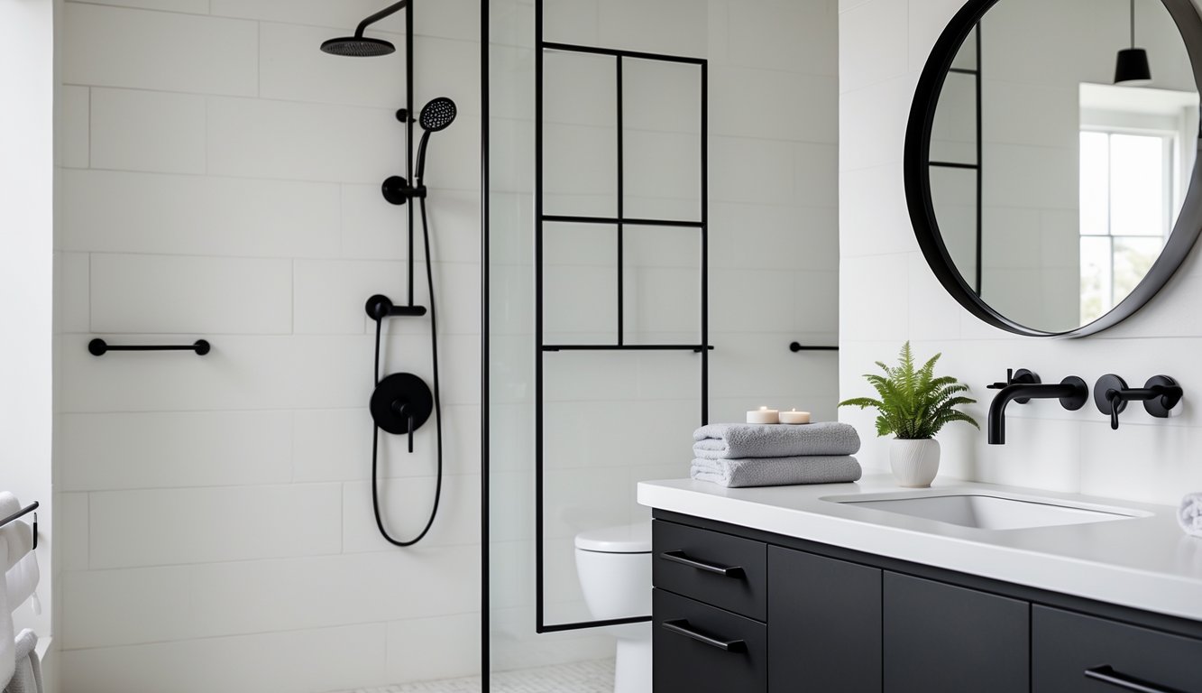 A modern bathroom with matte black fixtures including faucet, showerhead, and cabinet handles, featuring a white countertop and a round mirror.