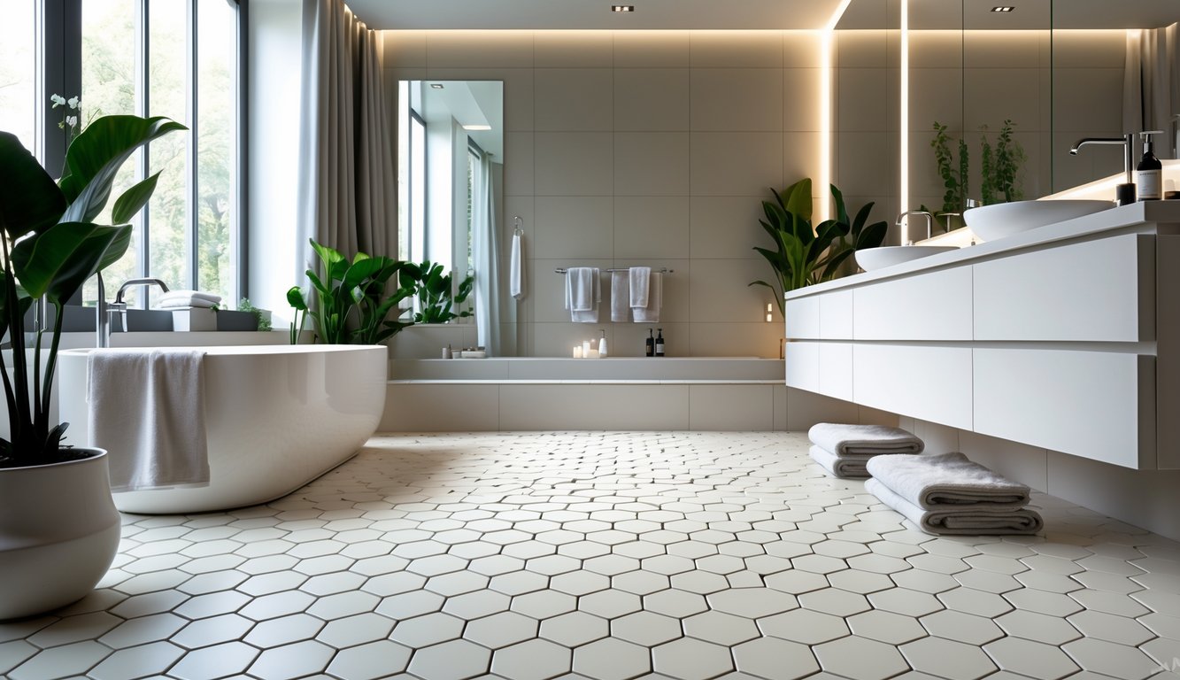A modern bathroom floor covered with hexagonal ceramic tiles, featuring a white bathtub, vanity, mirror, and green plants.