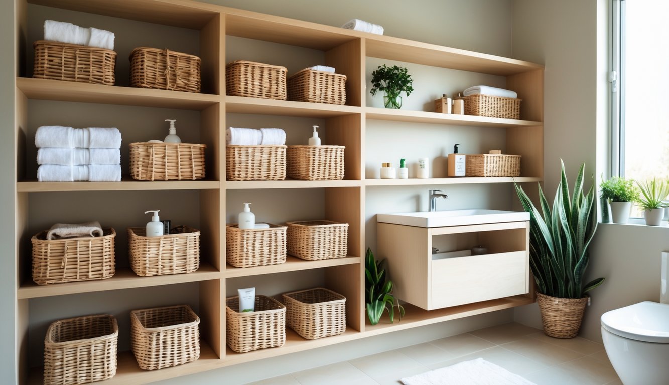 Bathroom with open wooden shelves holding wicker baskets and bathroom essentials.