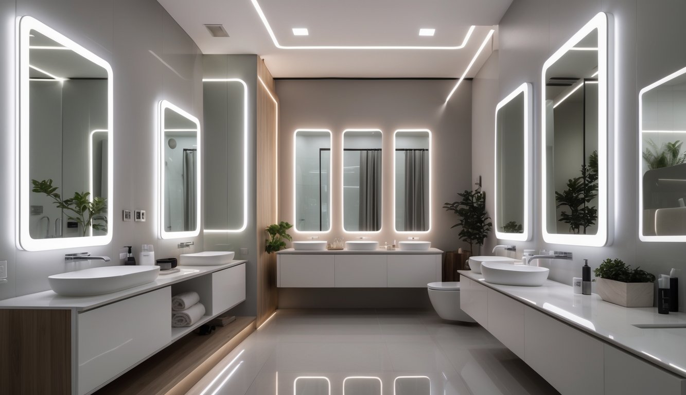 A modern bathroom featuring ten LED backlit mirrors with glowing edges and elegant bathroom fixtures.