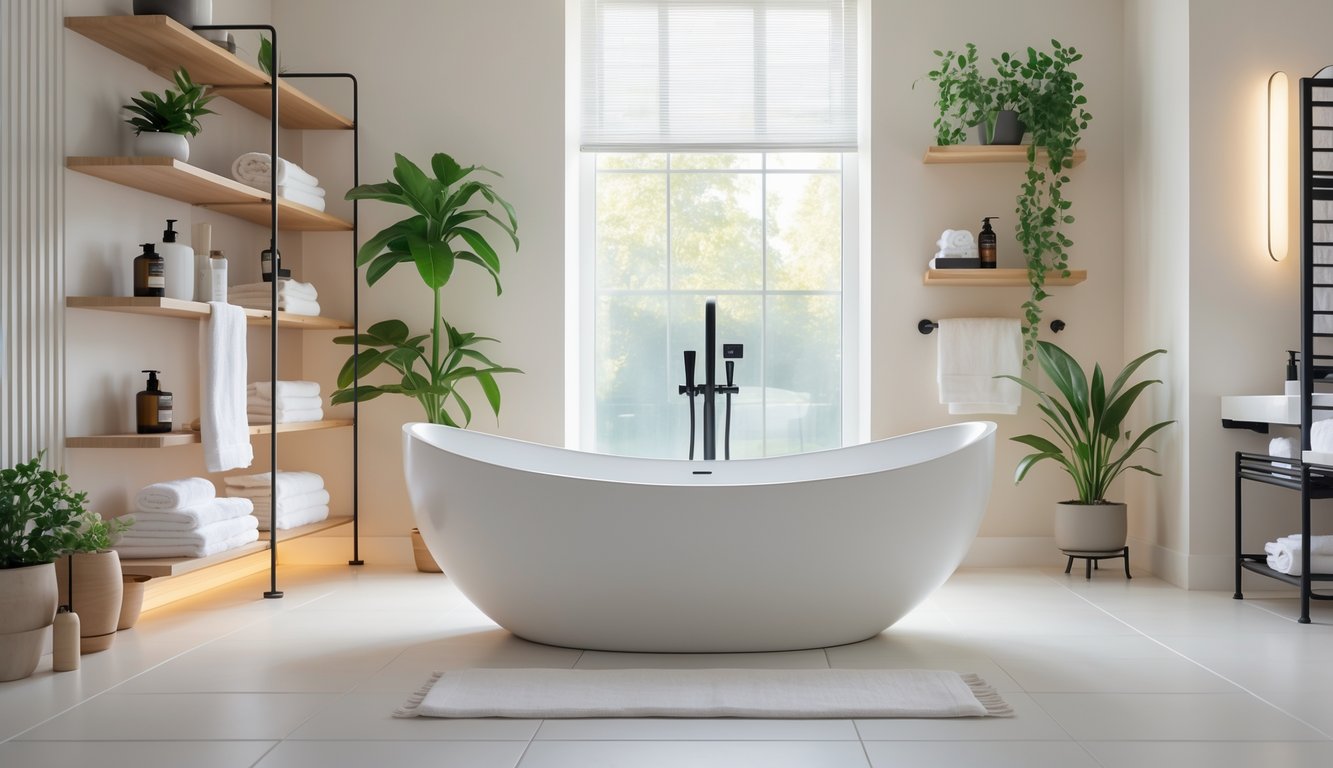 A modern bathroom with a white freestanding soaking tub near a window, surrounded by plants, shelves with towels, and elegant fixtures.