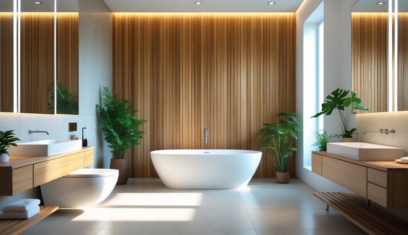 A bathroom with vertical wood paneling on the walls, a white freestanding bathtub, wooden vanity, large mirrors, plants, and tiled floor.