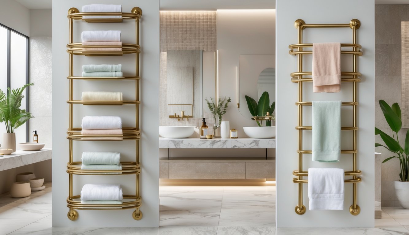 A bathroom wall with ten brushed brass towel racks holding folded towels in a bright, clean bathroom setting.