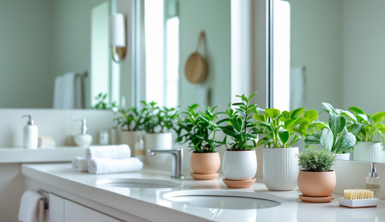 A modern bathroom countertop with several small potted plants arranged alongside towels and bathroom accessories.
