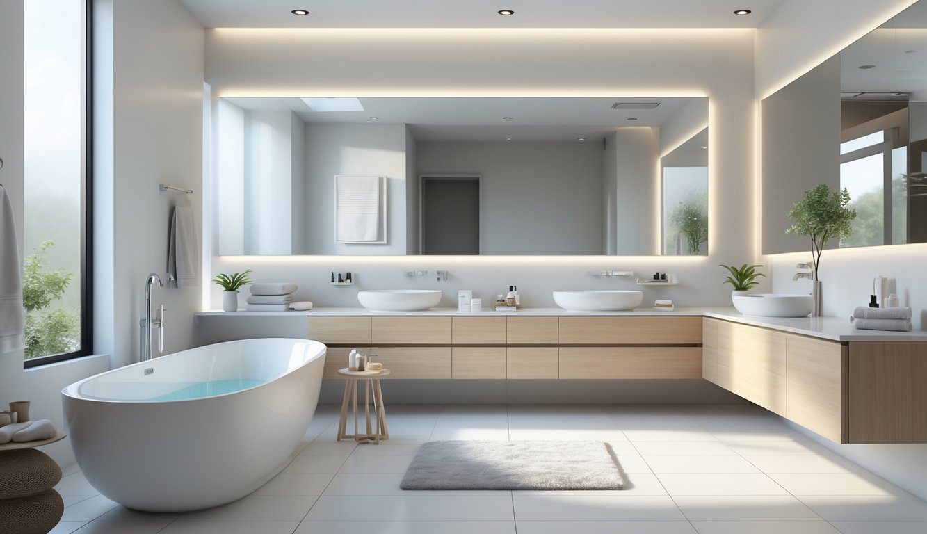 A bright and spacious bathroom with a freestanding bathtub, double vanity with sinks, large mirror, and decorative plants and towels.