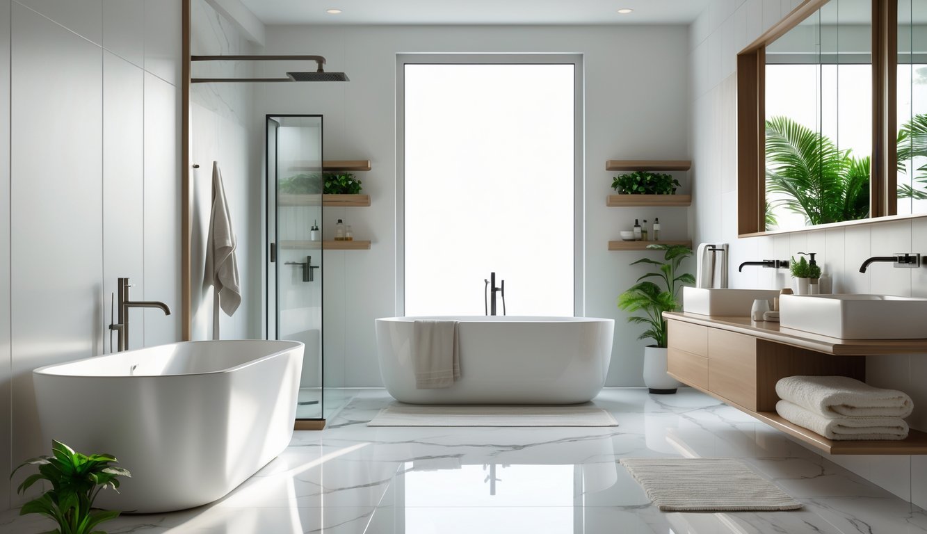 A bright bathroom with a freestanding bathtub, double sink vanity, glass shower, plants, and neatly arranged towels.
