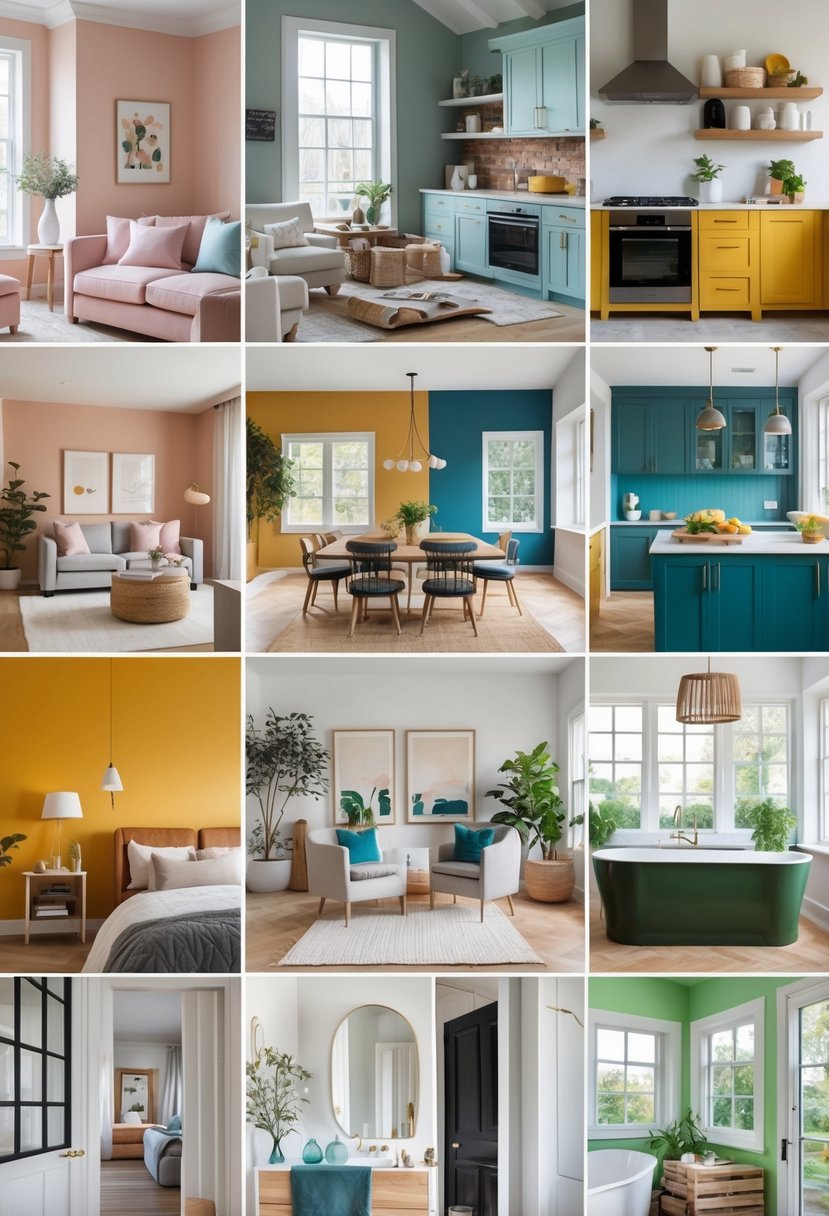 Seven different home interiors each decorated in a unique color scheme, showing various rooms with distinct colors and furnishings.
