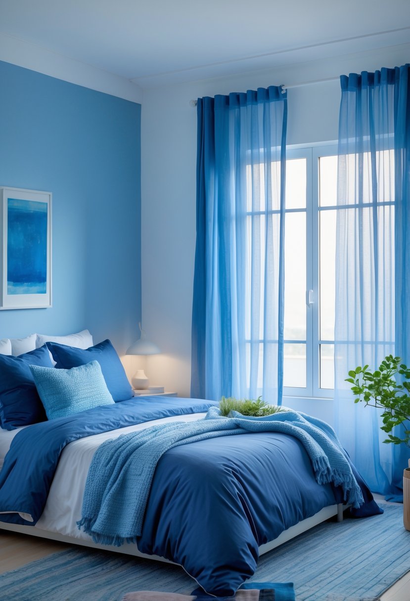 A calm bedroom with various shades of blue, featuring a neatly made bed, blue curtains, and natural light.