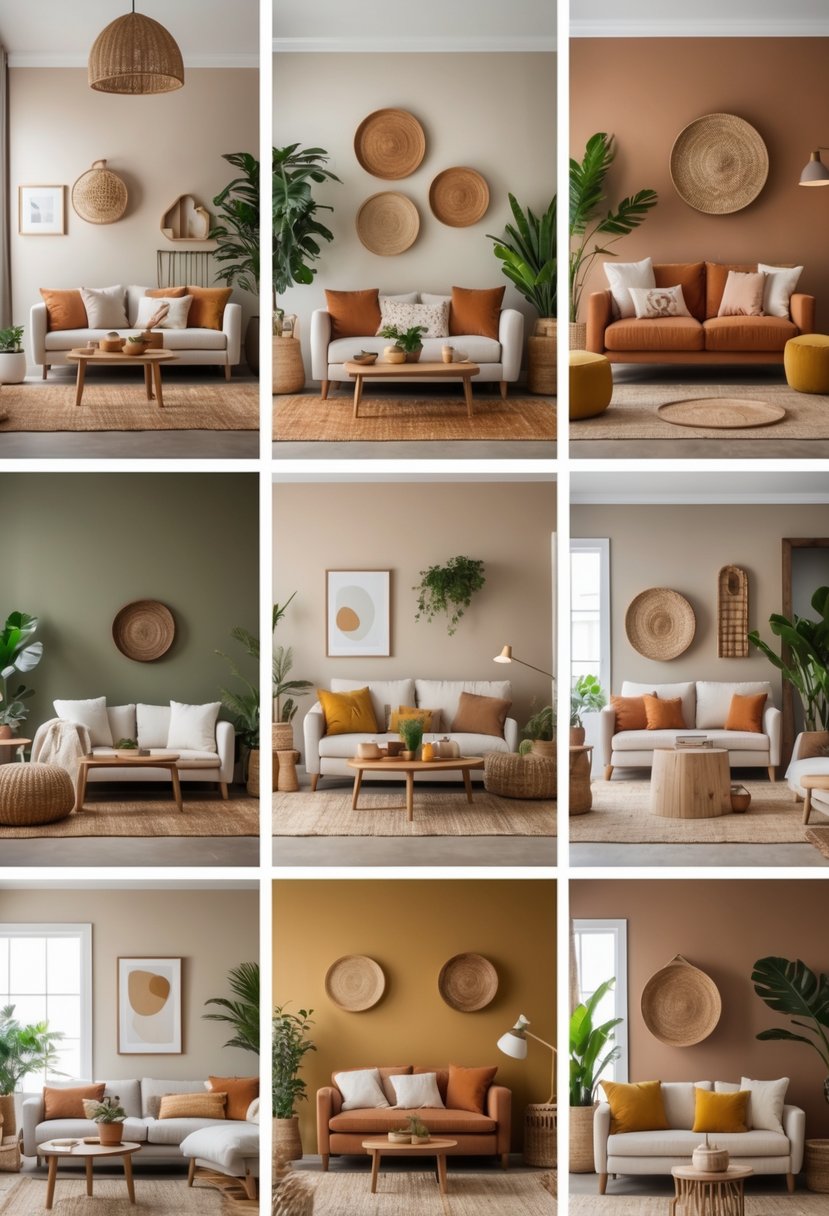 Seven living rooms arranged together, each decorated with different warm earth tone colors and cozy furniture.