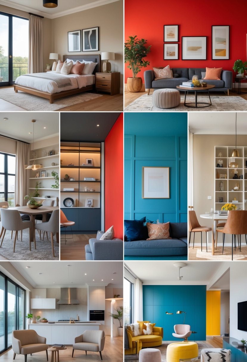 Seven different home interiors each featuring a bold red accent wall paired with various complementary color schemes in living rooms, bedrooms, dining areas, offices, lounges, kitchens, and reading nooks.