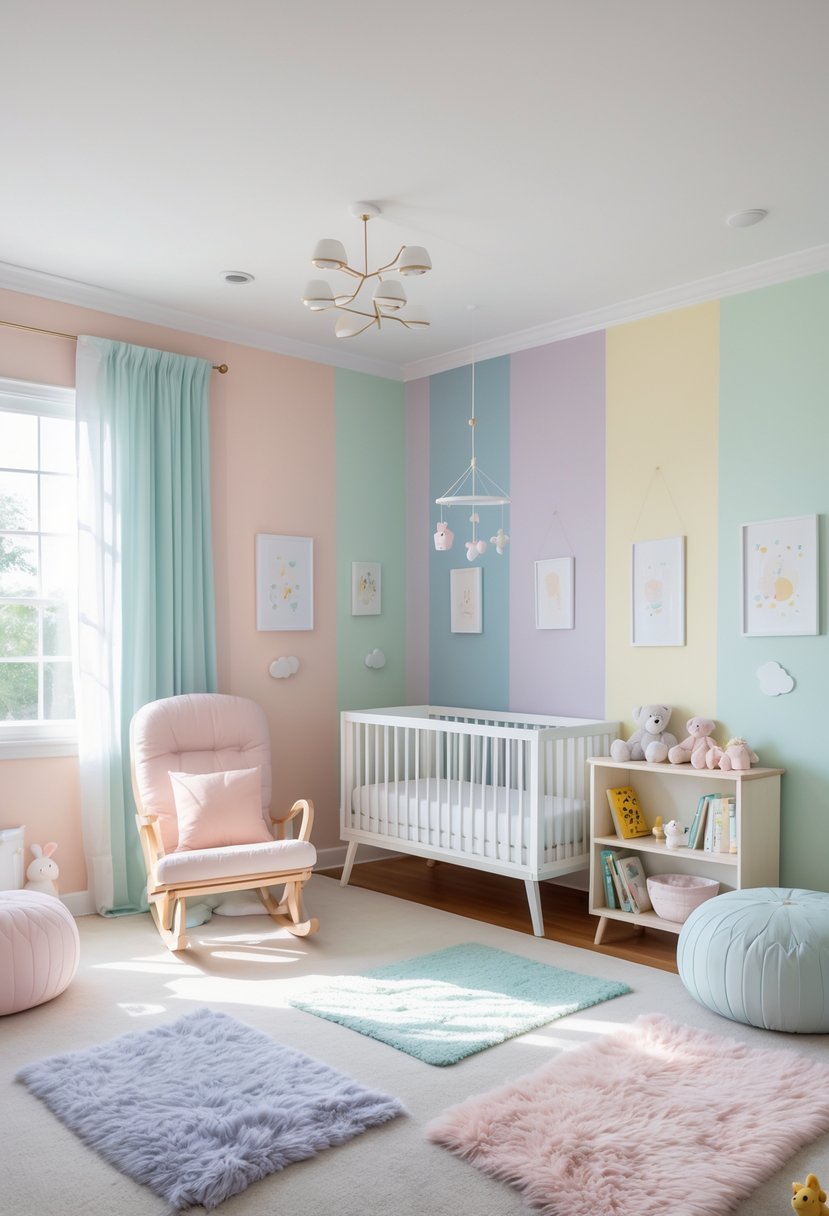 A nursery room with a crib, rocking chair, bookshelf, and soft pastel colors in seven different shades creating a calm and cozy environment.