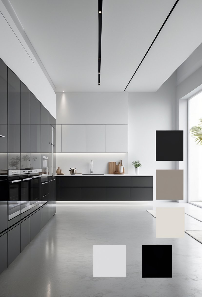 A modern kitchen with black and white cabinets, a large island, and stainless steel appliances, surrounded by subtle color accents representing different home color schemes.