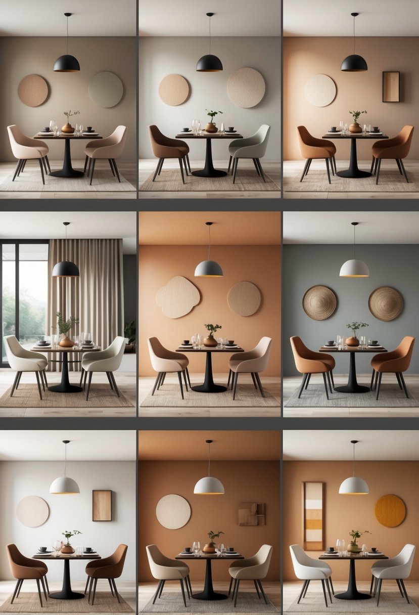 A dining area showing seven different warm neutral color schemes with dining tables, chairs, and decorative accents arranged in separate zones.