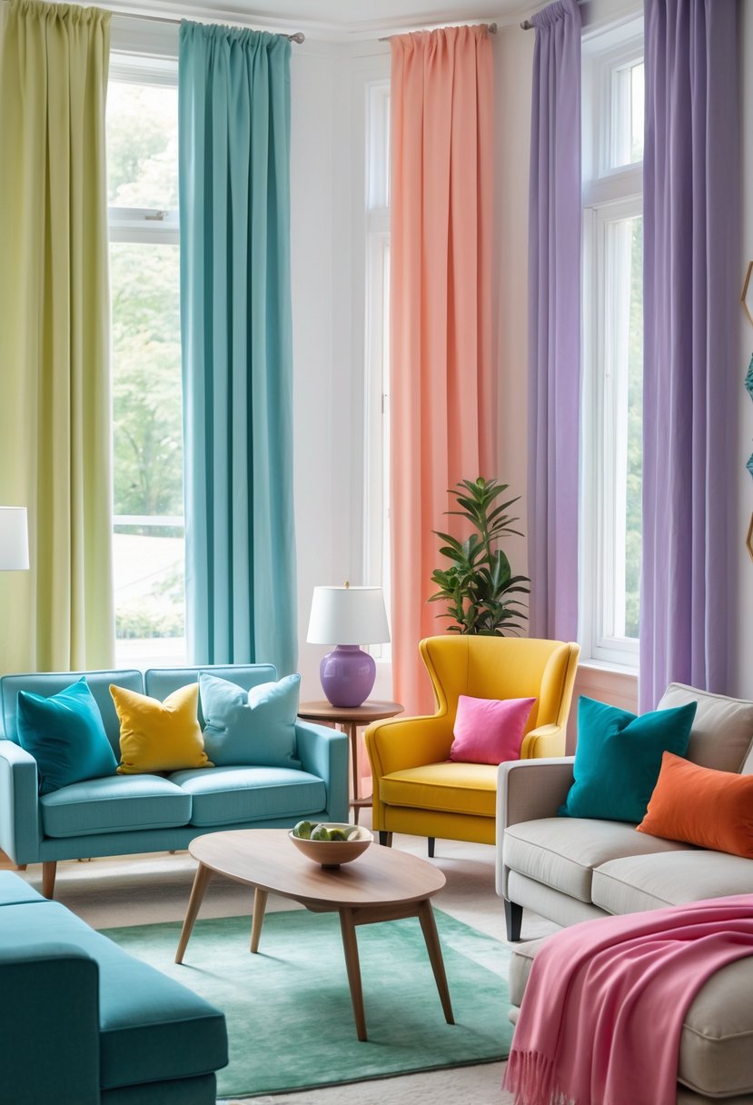A living room with furniture and decor in seven different colors including blue, yellow, green, pink, lavender, orange, and purple, arranged to show a variety of color schemes.