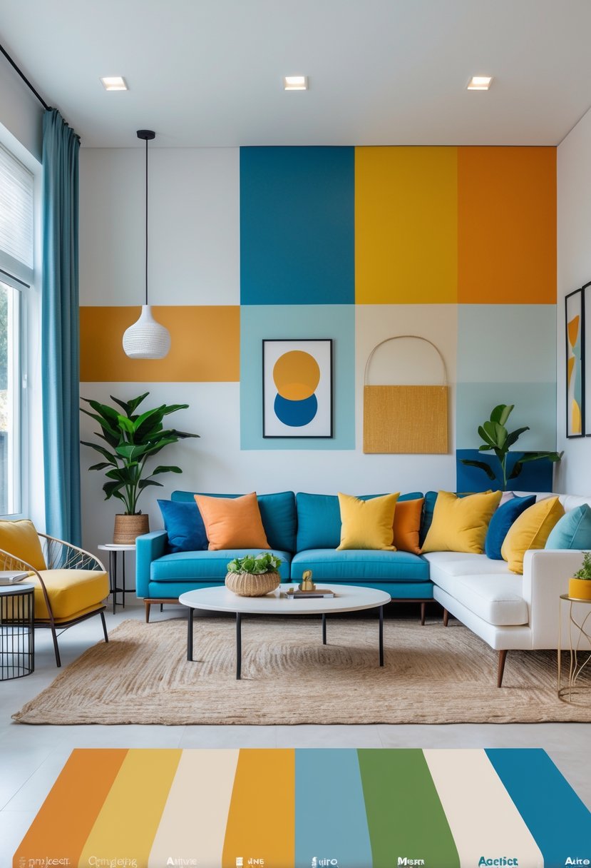 A bright living room with various sections showing seven different color schemes through furniture, cushions, rugs, and wall decorations.