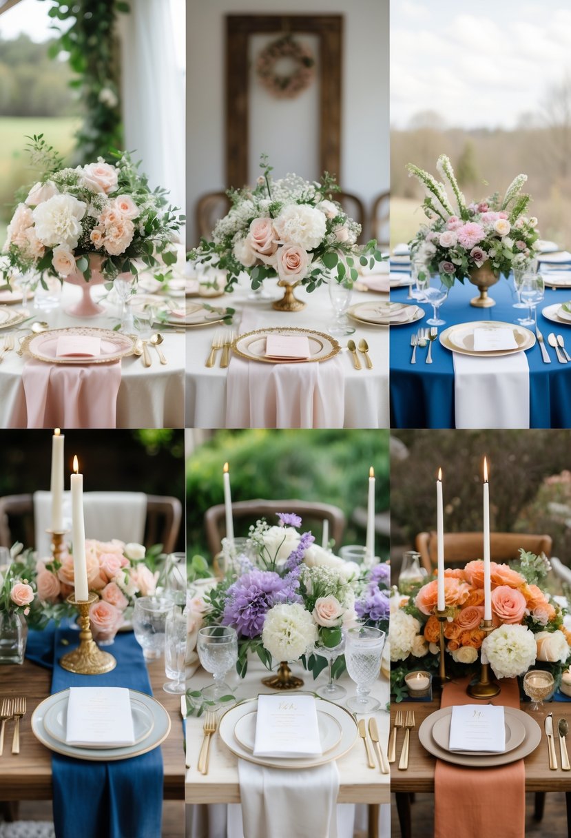 Five wedding table settings each styled with a different color scheme, featuring flowers, linens, and candles arranged in an elegant display.