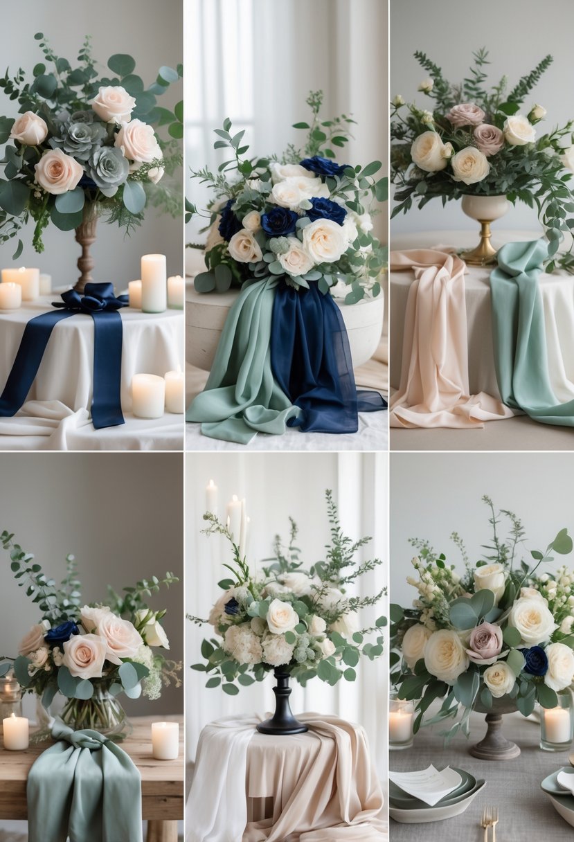 Five elegant wedding color palettes featuring navy blue and sage green with complementary flowers and decor arranged on a neutral background.