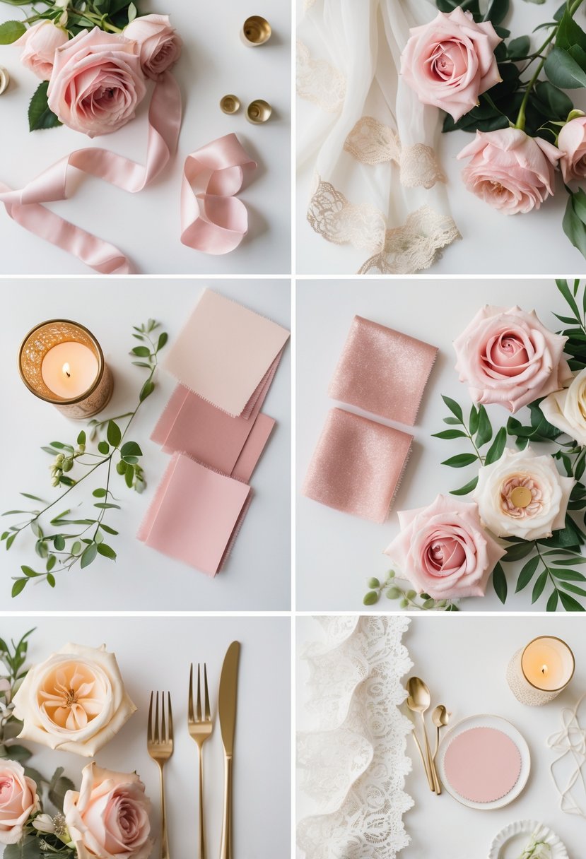 Flat lay of wedding decor items including blush pink roses, gold accents, ribbons, lace, and greenery arranged on a white background.
