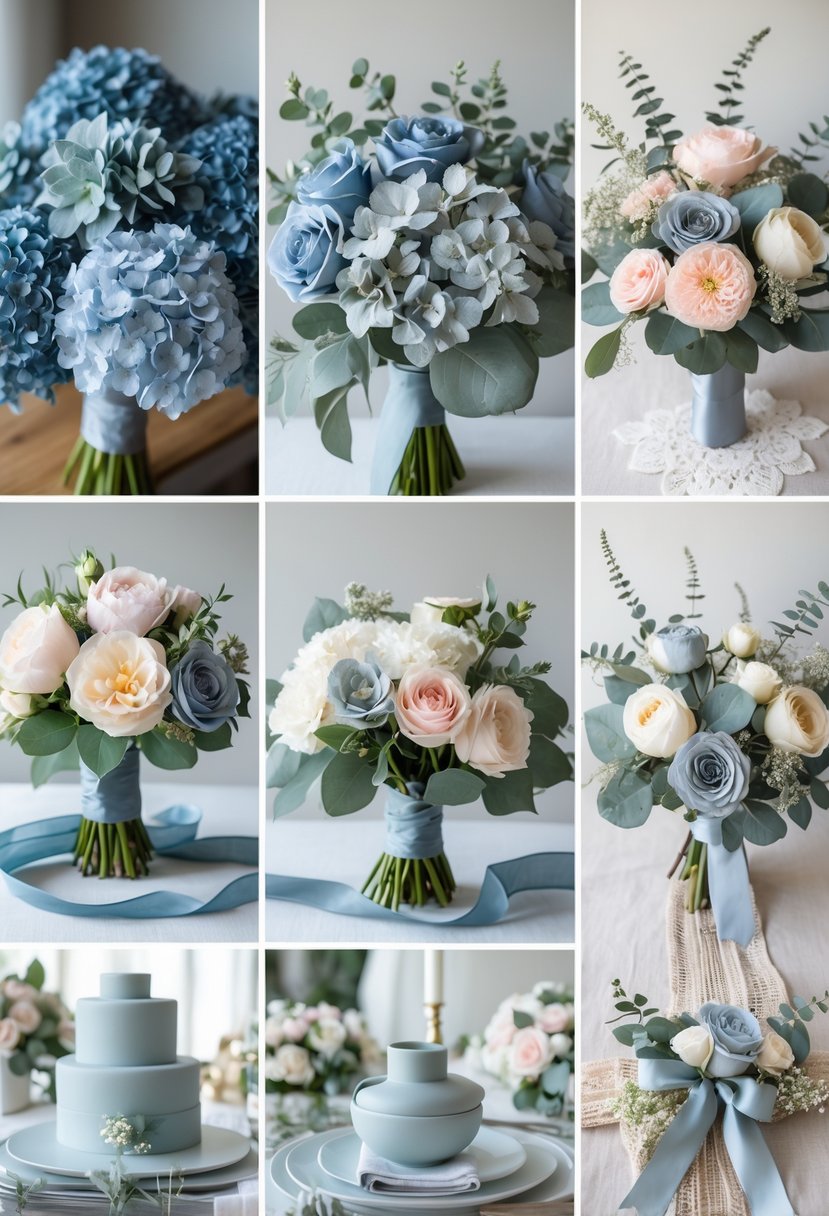 A display of five wedding color schemes featuring dusty blue, gray, and soft complementary colors with flowers and table decorations arranged on a light surface.