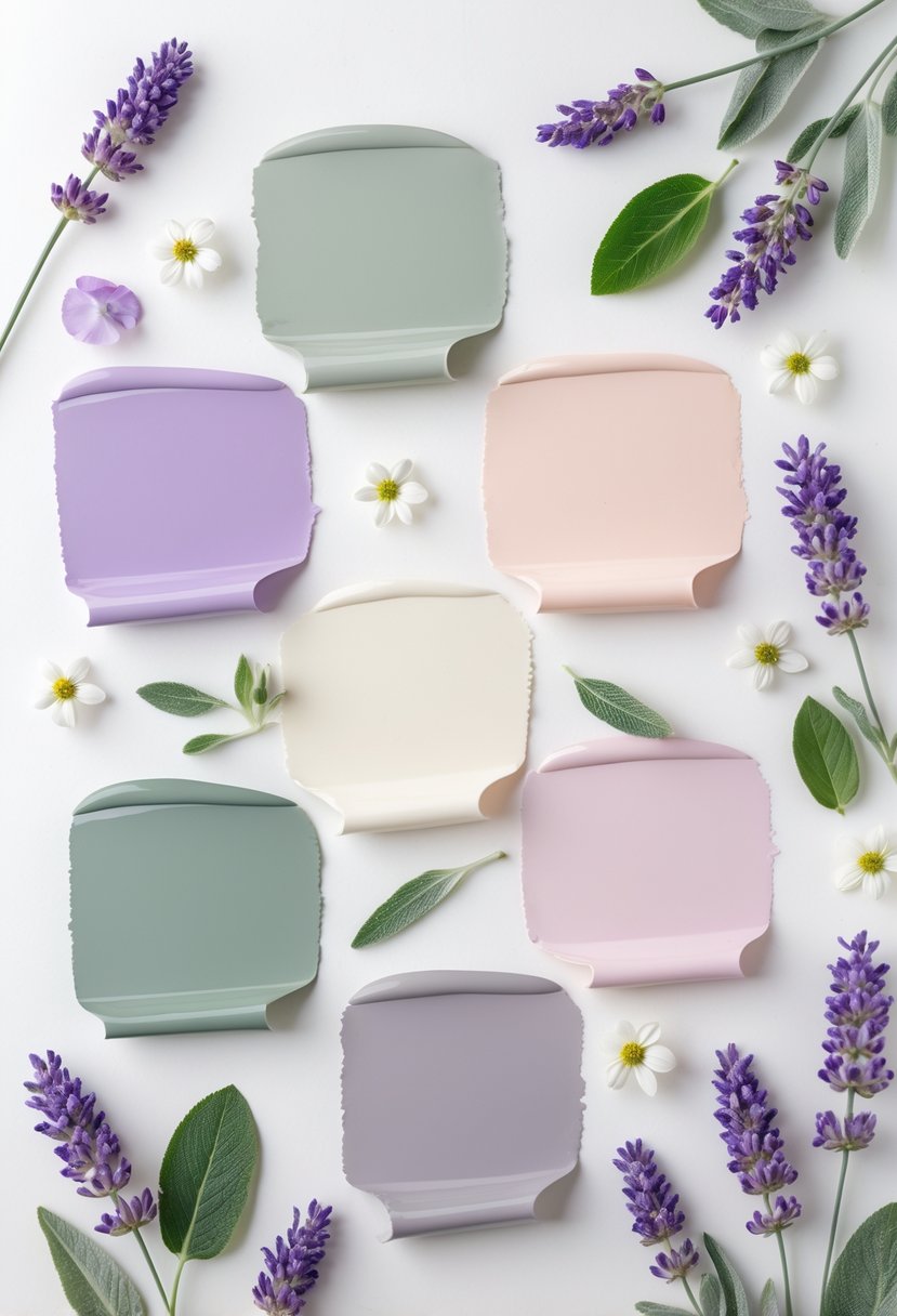 Five color palettes featuring shades of lavender, sage green, ivory, blush pink, and gray arranged with lavender sprigs and sage leaves on a white background.