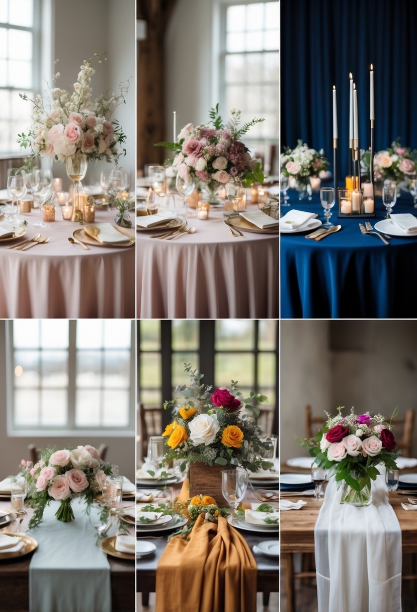 Five wedding table settings side by side, each decorated with different color schemes including blush pink, navy blue, autumn tones, pastel spring colors, and black and white with red accents.