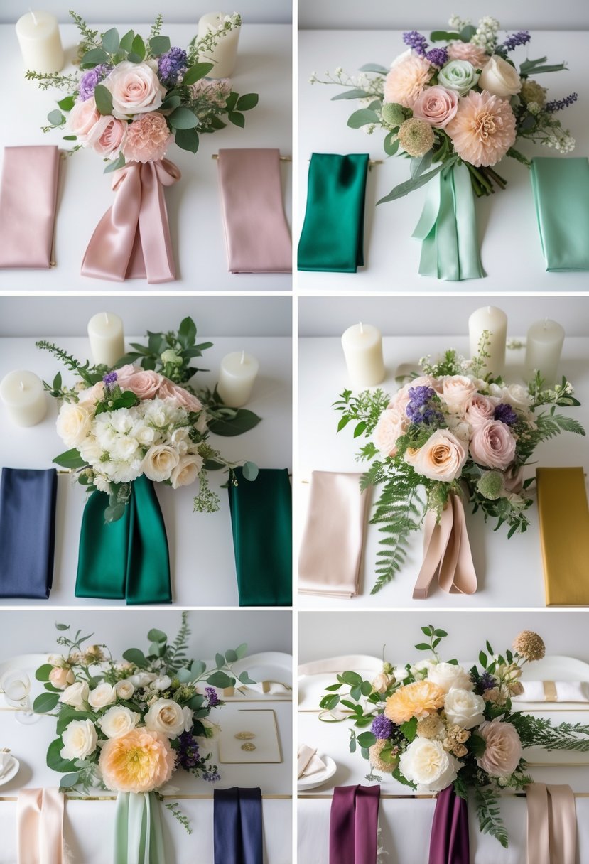 A table displaying five coordinated wedding color palettes with fabric swatches, flowers, ribbons, and decorative items arranged neatly.