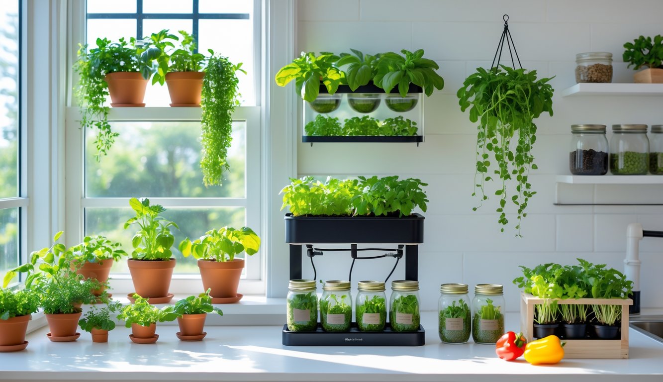 A kitchen with various small indoor plants and herbs growing in pots, wall planters, and containers arranged around the room.