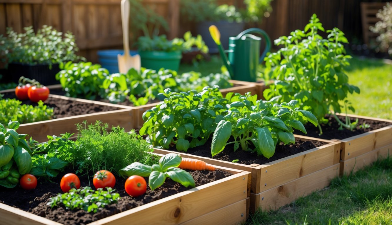 A raised bed garden with healthy vegetables and herbs growing in wooden beds in a sunny backyard.