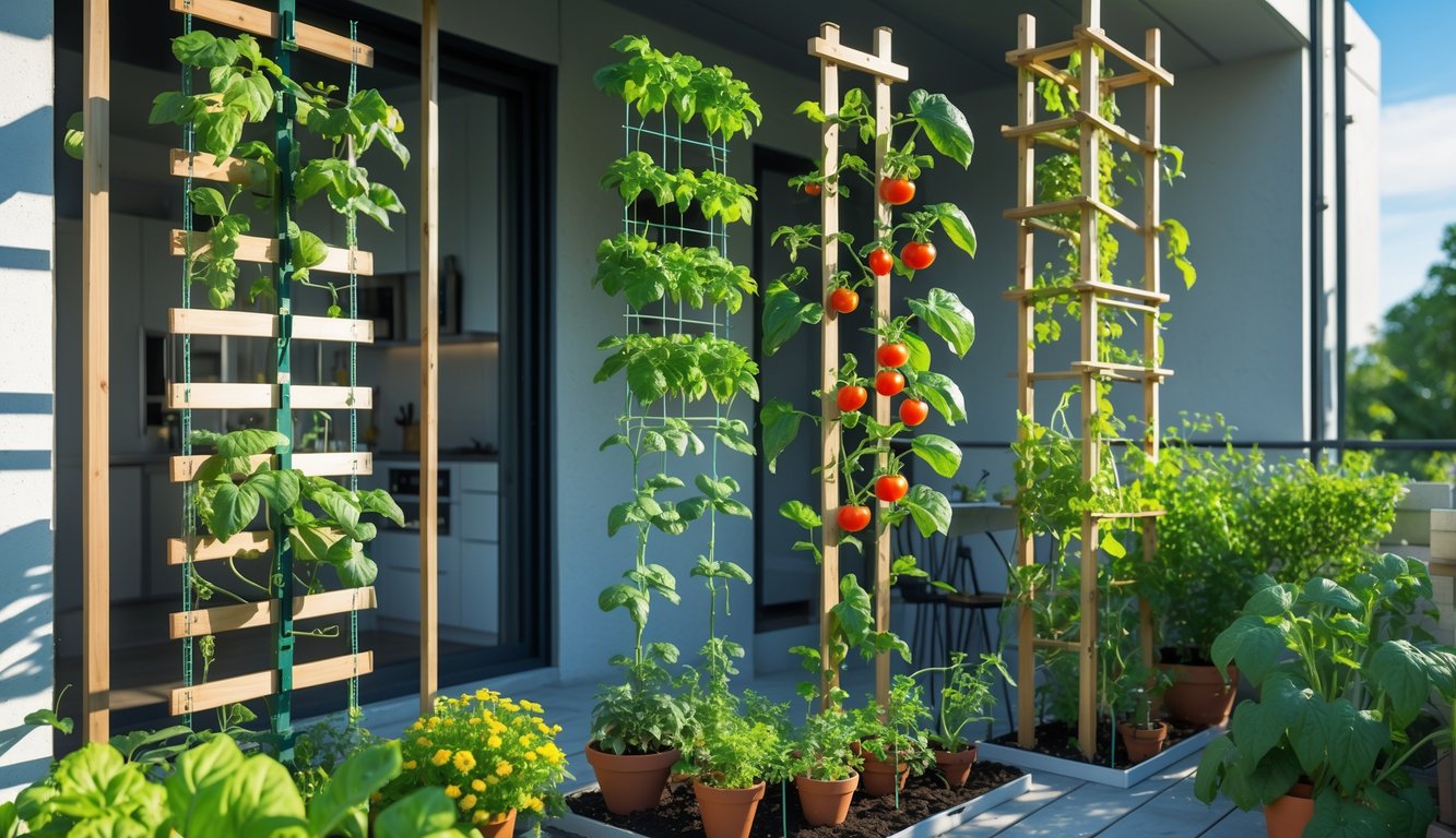 A small urban kitchen garden with vertical trellises supporting climbing vegetable plants on a balcony.