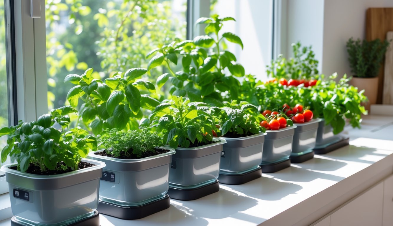 A kitchen windowsill with several self-watering pots growing fresh herbs and small vegetables in a bright, clean kitchen.