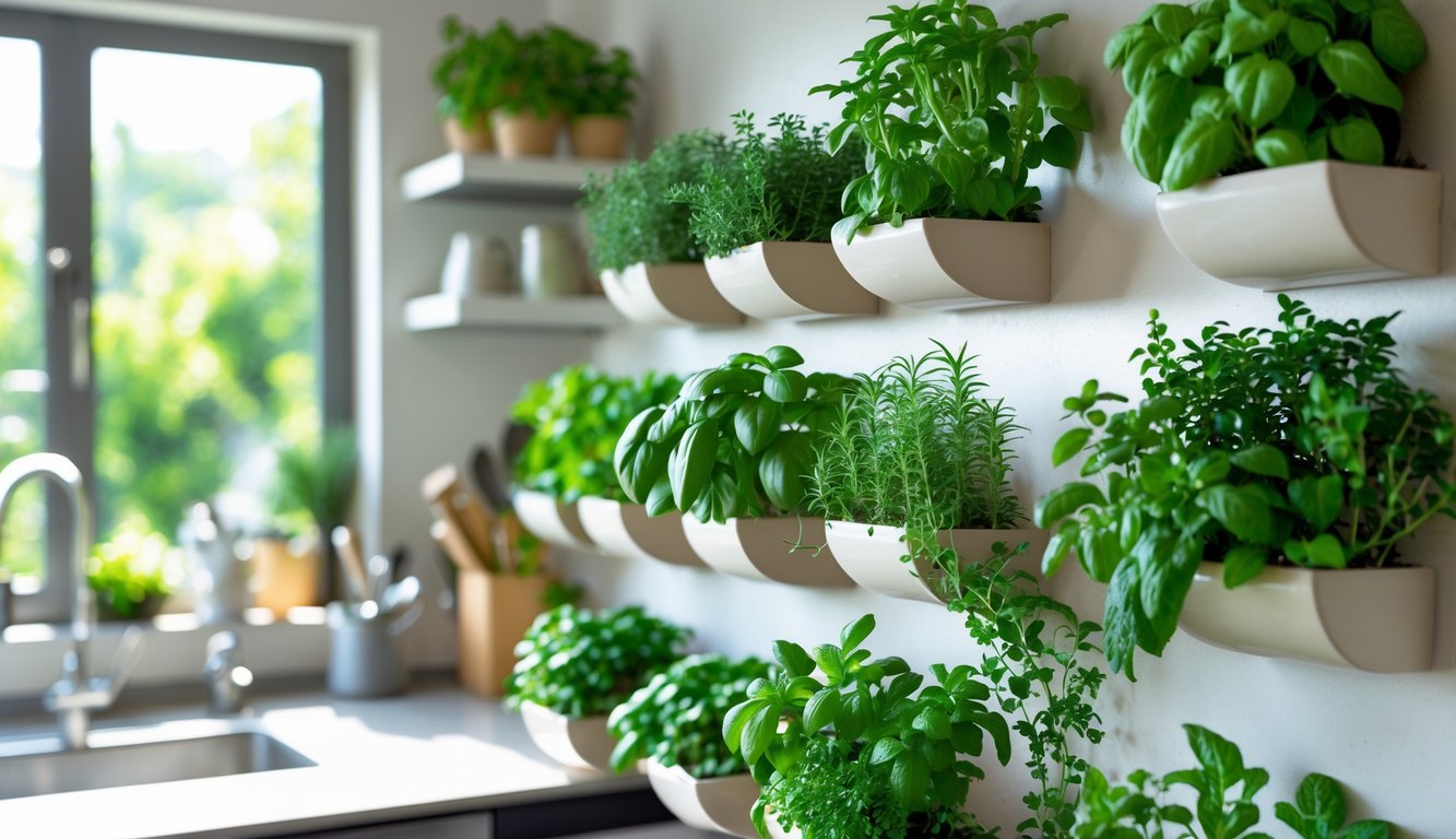 Indoor kitchen wall with multiple mounted planters filled with fresh green herbs.