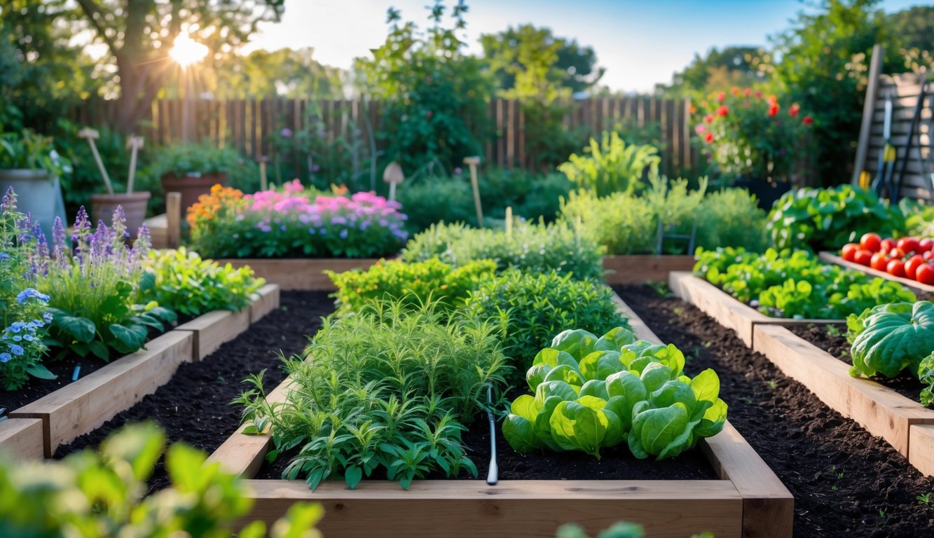 A garden with colorful flowers, various herbs, and vegetables growing in organized beds under natural sunlight.