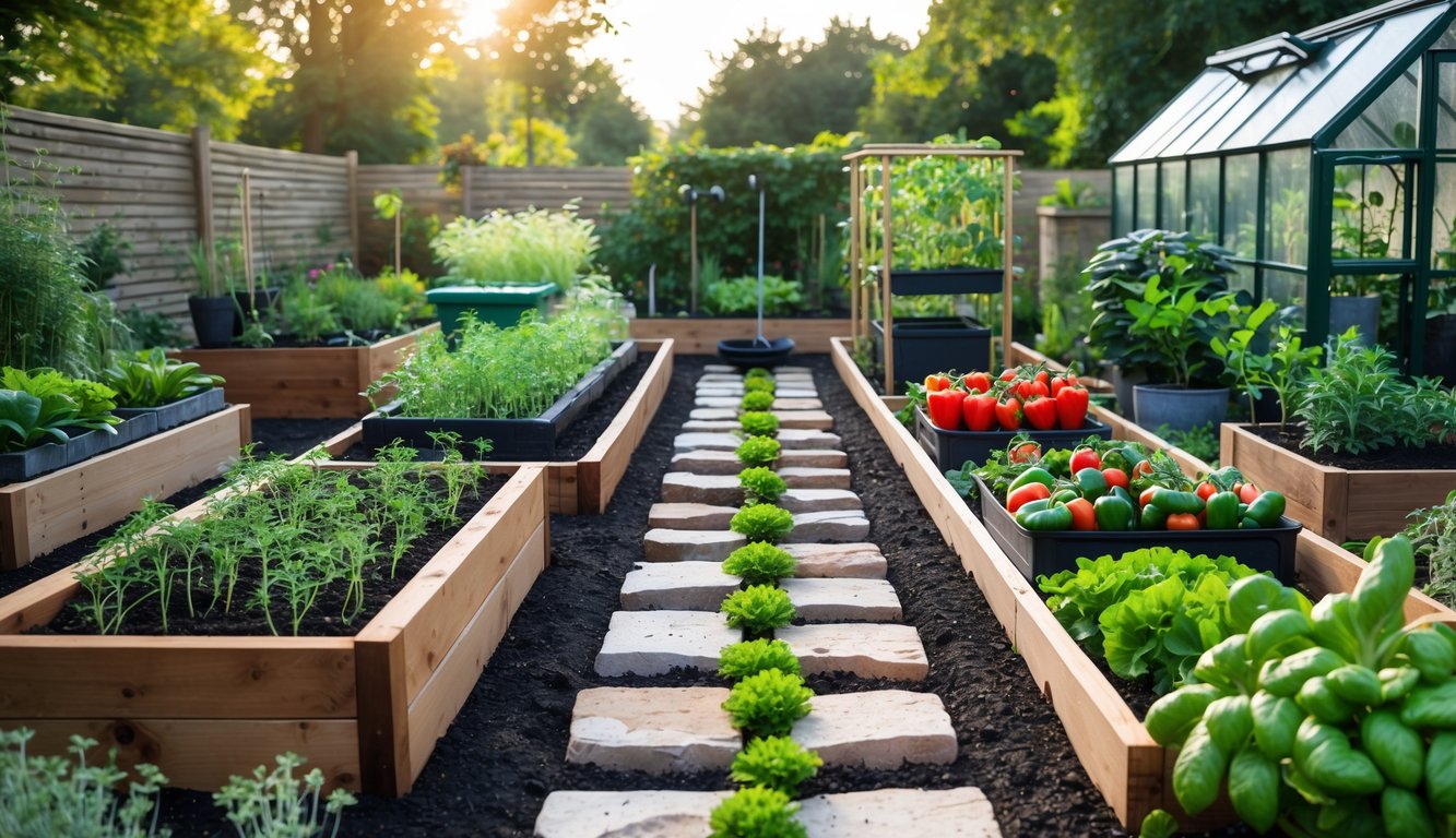 A kitchen garden with seven different gardening setups connected by stone and wood pathways, showing herbs, vegetables, a compost bin, and a small greenhouse.