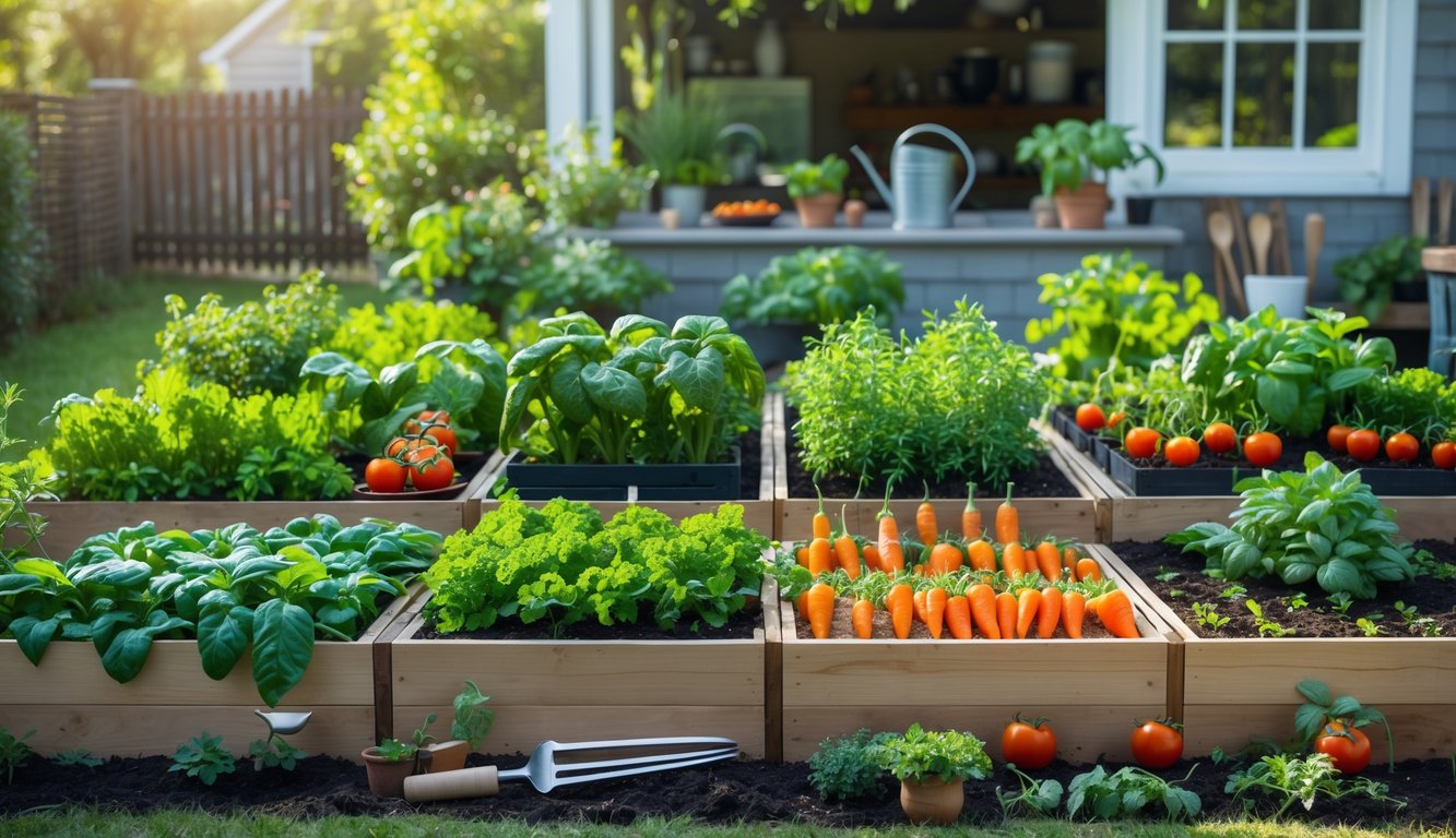 A kitchen garden with multiple raised beds showing various vegetables and herbs growing at different stages, with gardening tools nearby and a house window in the background.